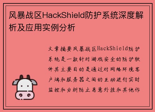 风暴战区HackShield防护系统深度解析及应用实例分析